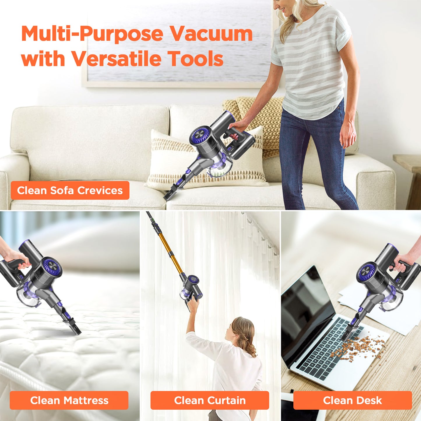 Cordless Vacuum Cleaner, Cordless Vacuum with 80000 RPM High-Speed Brushless Motor, 2600mAh Powerful Lithium Batteries-Ypurple